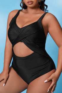 Black Sexy Solid Hollowed Out Backless Spaghetti Strap Plus Size Swimwear (With Paddings)