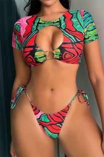 Multicolor Sexy Print Hollowed Out Frenulum Swimwears (With Paddings)
