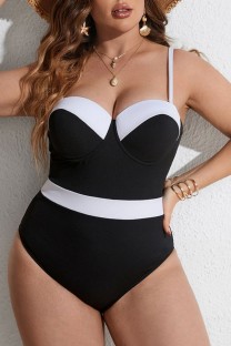 Black Sexy Patchwork Backless Contrast Spaghetti Strap Plus Size Swimwear (With Paddings)
