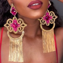 Gold Casual Party Patchwork Tassel Rhinestone Earrings