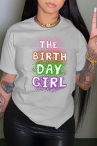 Light Gray Street Daily Print Patchwork Letter O Neck T-Shirts