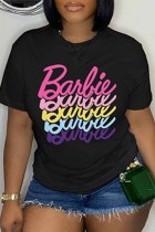 Black Casual Print Letter O Neck T-Shirts