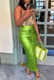 Green Casual Solid Slit Skinny High Waist Conventional Solid Color Skirts