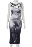 Black Casual Print Hollowed Out O Neck Sleeveless Dress Dresses