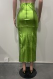 Green Casual Solid Slit Skinny High Waist Conventional Solid Color Skirts