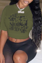 Army Green Casual Vintage Print Patchwork O Neck T-Shirts