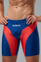 Deep Blue Sportswear Color Lump Patchwork Swim Trunks