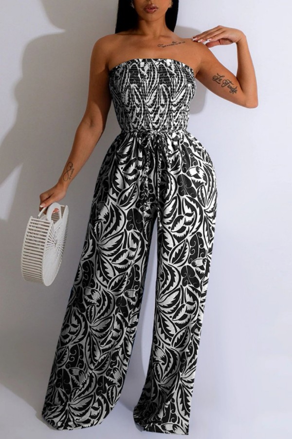 Black Sexy Casual Print Backless Strapless Regular Jumpsuits