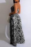 Blue Sexy Casual Print Backless Strapless Regular Jumpsuits