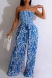 Blue Sexy Casual Print Backless Strapless Regular Jumpsuits