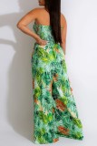 Blue Sexy Casual Print Backless Strapless Regular Jumpsuits