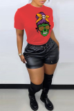 Red Daily Print Skull Patchwork O Neck T-Shirts