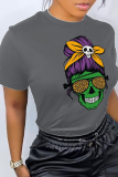 Navy Blue Daily Print Skull Patchwork O Neck T-Shirts