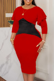Red Casual Patchwork Contrast O Neck Long Sleeve Dresses