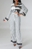 Black And White Casual Striped Patchwork Knotted Turndown Collar Long Sleeve Two Pieces