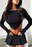 Black Sexy Solid Patchwork Asymmetrical O Neck High Waist Tops