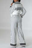 Black And White Casual Striped Patchwork Knotted Turndown Collar Long Sleeve Two Pieces