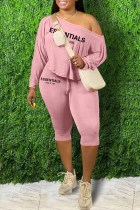 Pink Sexy Print Letter Oblique Collar Long Sleeve Two Pieces