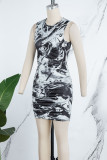 Black Casual Print Fold Basic O Neck Sleeveless Dress Dresses