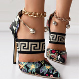 Black Casual Patchwork Printing Pointed Out Door Shoes (Heel Height 4.72in)