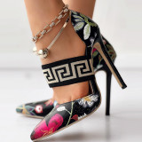 Black Casual Patchwork Printing Pointed Out Door Shoes (Heel Height 4.72in)