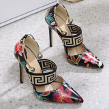 Black Casual Patchwork Printing Pointed Out Door Shoes (Heel Height 4.72in)