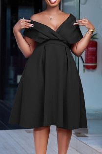Black Sexy Solid Patchwork V Neck Evening Dress Dresses