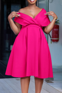 Rose Red Sexy Solid Patchwork V Neck Evening Dress Dresses
