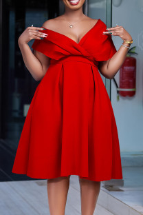 Red Sexy Solid Patchwork V Neck Evening Dress Dresses