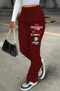 Burgundy Casual Print Letter Plus Size