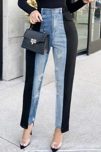 Blue Black Casual Patchwork Ripped Contrast High Waist Skinny Denim Jeans