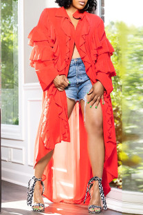 Red Casual Solid Patchwork Buckle Flounce Turndown Collar Tops