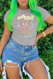 Dark Gray Vintage Cute Print Patchwork O Neck T-Shirts