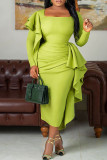 Green Elegant Solid Patchwork Flounce Square Collar Evening Dress Dresses