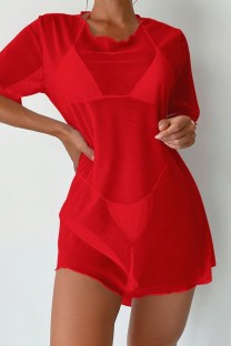 Red Sexy Solid See-through Backless Swimwears Cover Up