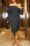 Green Casual Solid Backless Asymmetrical Off the Shoulder Long Sleeve Dresses