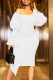 White Casual Solid Backless Asymmetrical Off the Shoulder Long Sleeve Dresses