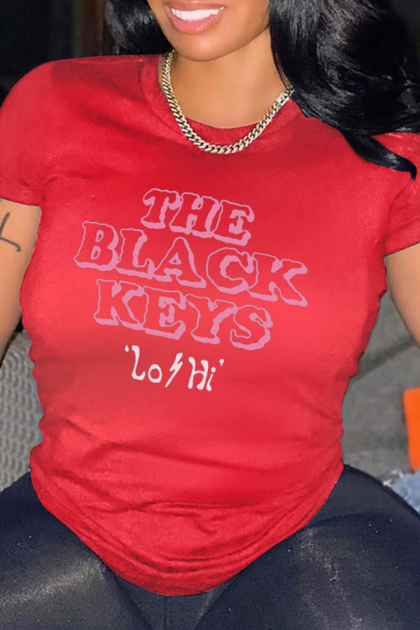 Red Street Print Letter O Neck T-Shirts