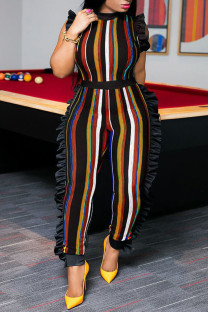 Red Sexy Striped Patchwork Contrast Zipper Stringy Selvedge O Neck Plus Size Jumpsuits