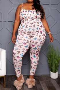 White Sexy Casual Butterfly Print Backless Spaghetti Strap Plus Size Jumpsuits