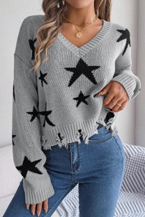 Grey Casual The stars Contrast V Neck Tops