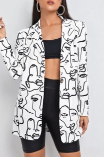 White Casual Print Cardigan Turn-back Collar Outerwear