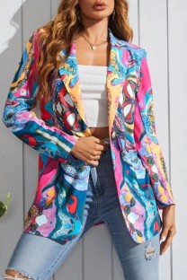 Pink Casual Print Patchwork Turn-back Collar Outerwear