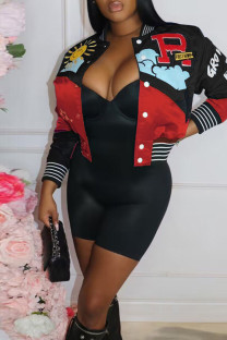 Black Casual Sportswear Print Patchwork Buckle Cardigan Collar Outerwear