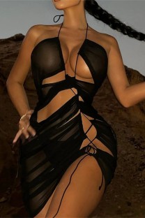 Black Sexy Solid Hollowed Out See-through Backless Swimwears Cover Up