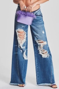 Deep Blue Casual Solid Ripped Patchwork Mid Waist Regular Denim Jeans (Subject To The Actual Object)