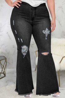 Black Casual Daily Solid Ripped Patchwork Plus Size Jeans
