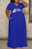 Blue Casual Letter Print Patchwork V Neck Short Sleeve Dress Plus Size Dresses