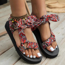 Red Casual Patchwork With Bow Round Comfortable Shoes