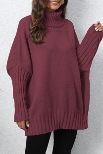 Burgundy Casual Solid Patchwork Turtleneck Tops